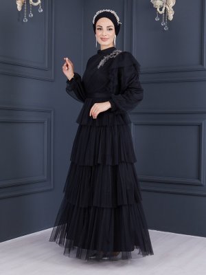 Moda Echer Siyah Güpürlü Kat Kat Etekli Tül Abiye Elbise