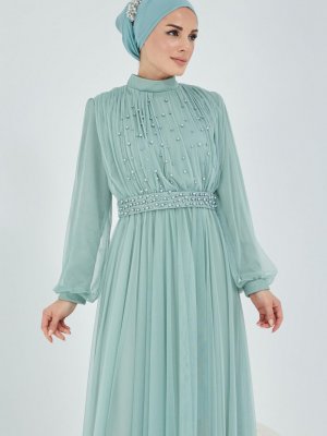 Moda Echer Mint Tül Kumaş Ön Ve Kemer İnci Detaylı Abiye Elbise