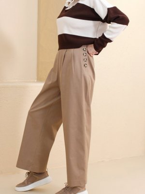 Allday Bej Yanları Düğme Detaylı Pamuklu Bol Paça Pantolon