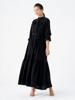 Kefta Siyah Beli Lastikli Kuşaklı Elbise