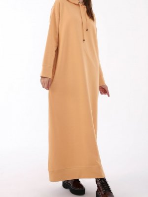 Allday Sarı Soft Basic Kapüşonlu Örme Pamuklu Elbise