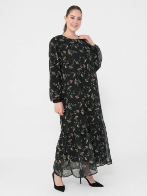 Alia Siyah Büyük Beden Astarlı Çiçek Desenli Elbise