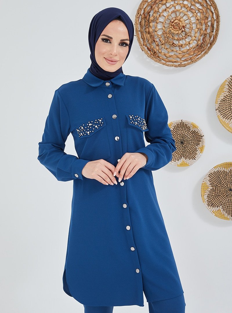 AİŞE MODA İndigo Mavi Zımba Taş Detaylı Tunik & Pantolon İkili Takım