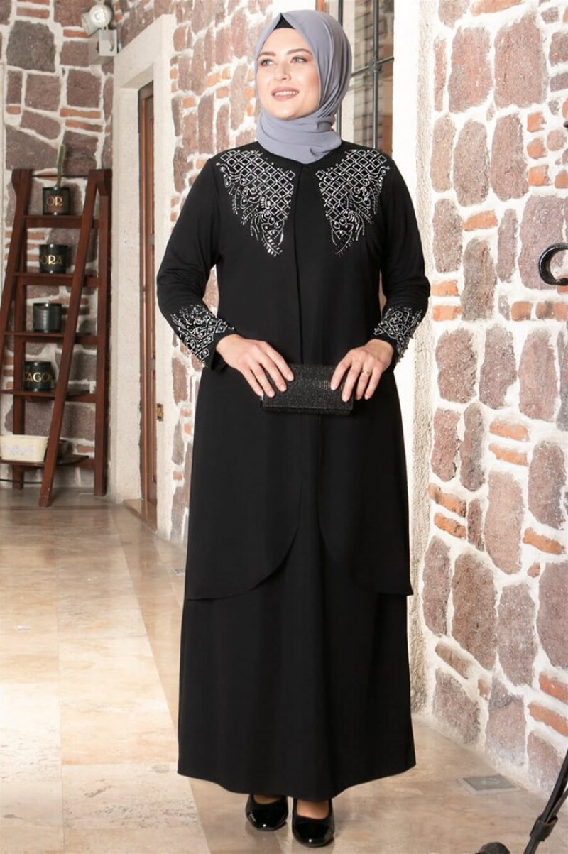 MFA Moda Siyah Taş İşleme Detaylı Abiye Elbise