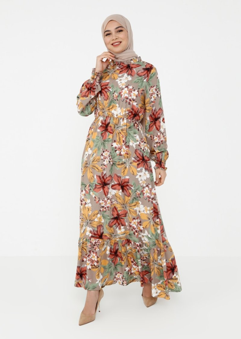Tavin Vizon Doğal Kumaşlı Çiçek Desenli Beli Lastikli Elbise