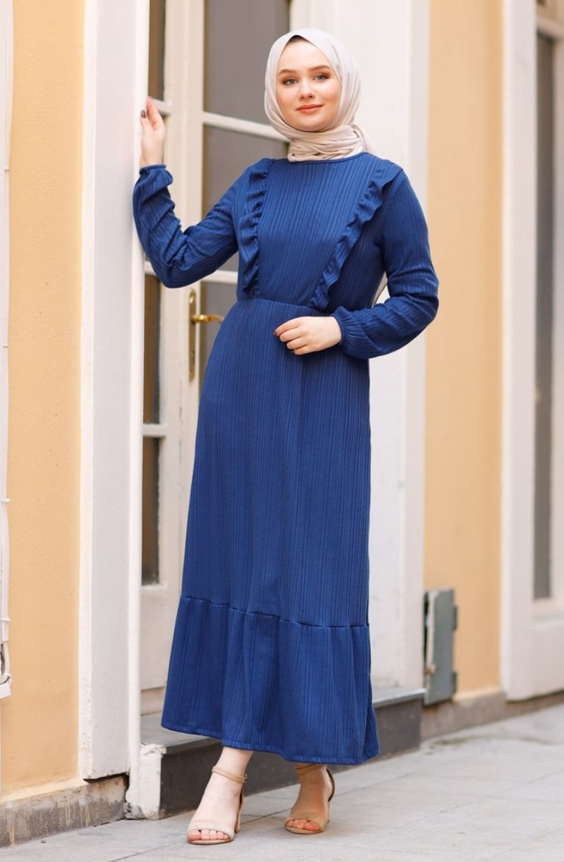 In Style İndigo Eteği Ve Ön Kısmı Fırfır Detaylı Elbise