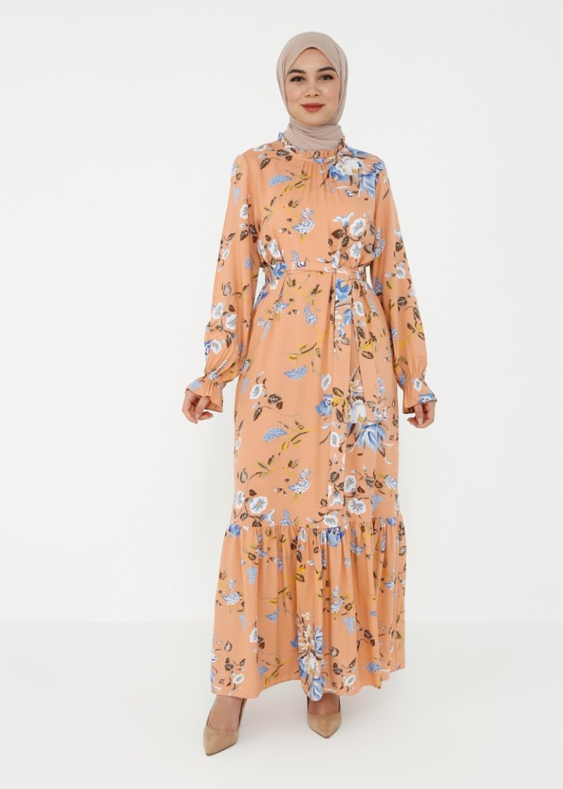 Tavin Somon Doğal Kumaşlı Kuşak Detaylı Desenli Elbise