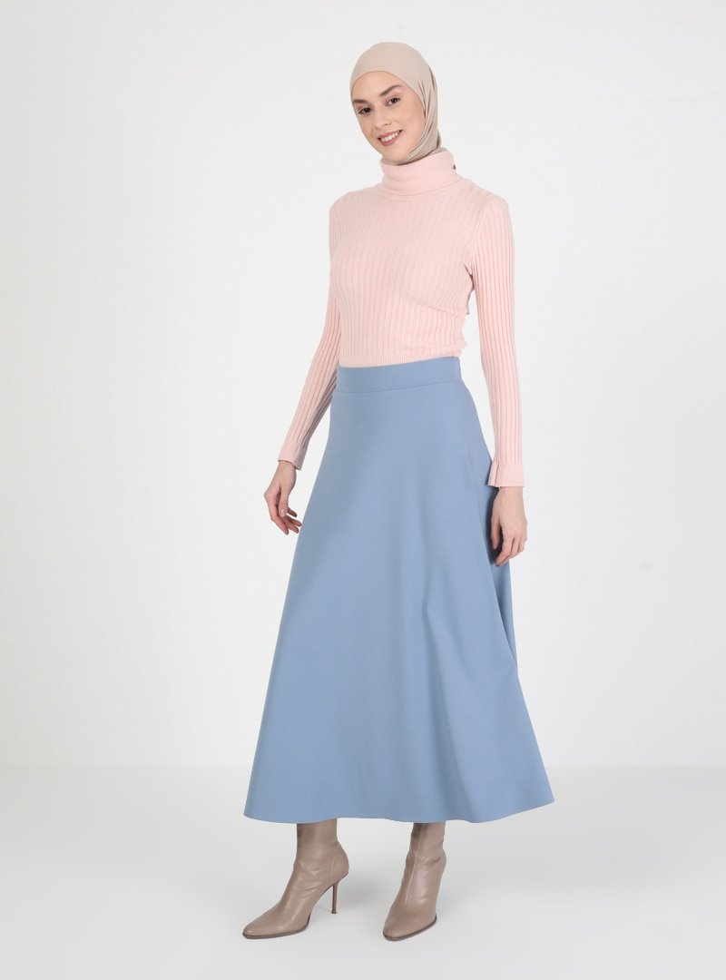 ONX10 İndigo Yandan Fermuarlı Sade Etek