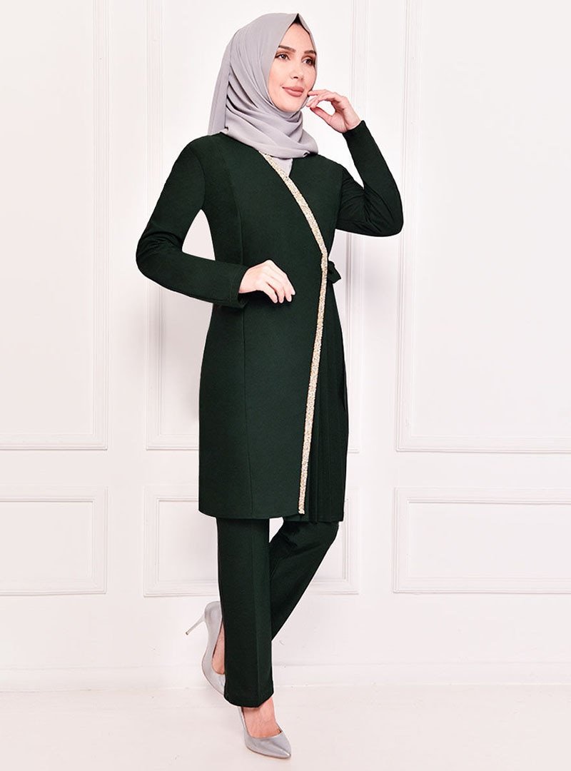 AYŞE MELEK TASARIM Zümrüt Pileli Tunik & Pantolon Abiye Takım