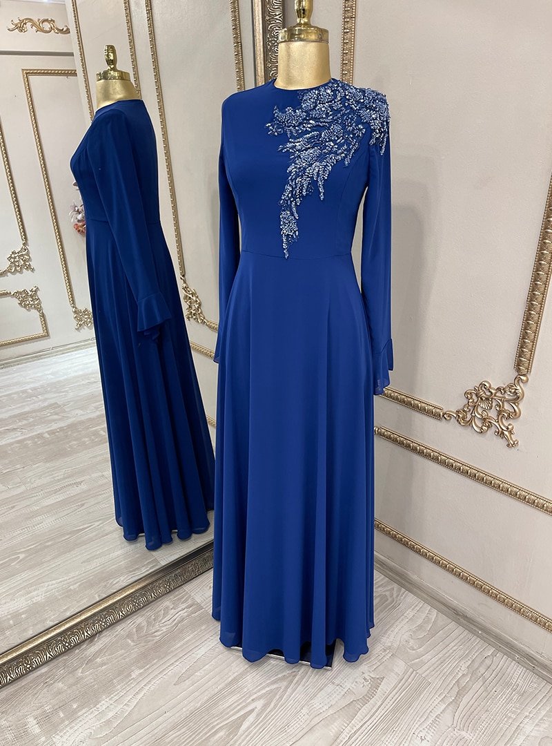 SomFashion Saks Mavisi Linet Abiye Elbise