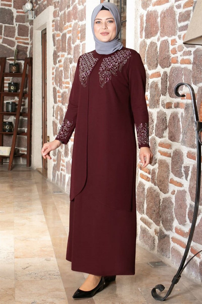 MFA Moda Mürdüm Taş İşleme Detaylı Abiye Elbise