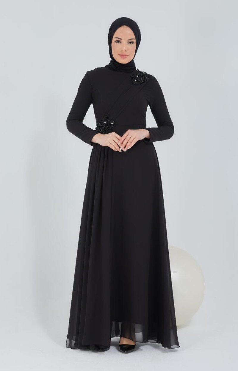 Moda Echer Siyah Güpür Ve Dantel Detaylı Şifon Astarlı Abiye Elbise