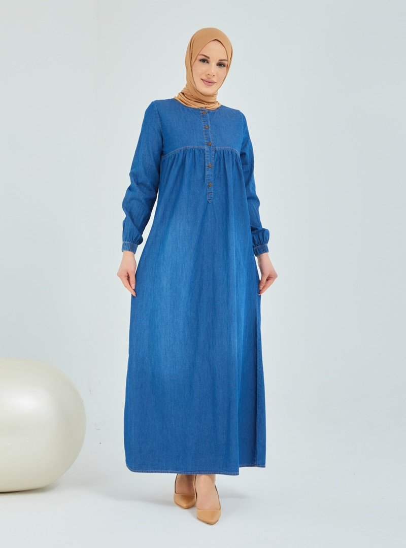Topless Koyu Mavi Robalı Kot Elbise