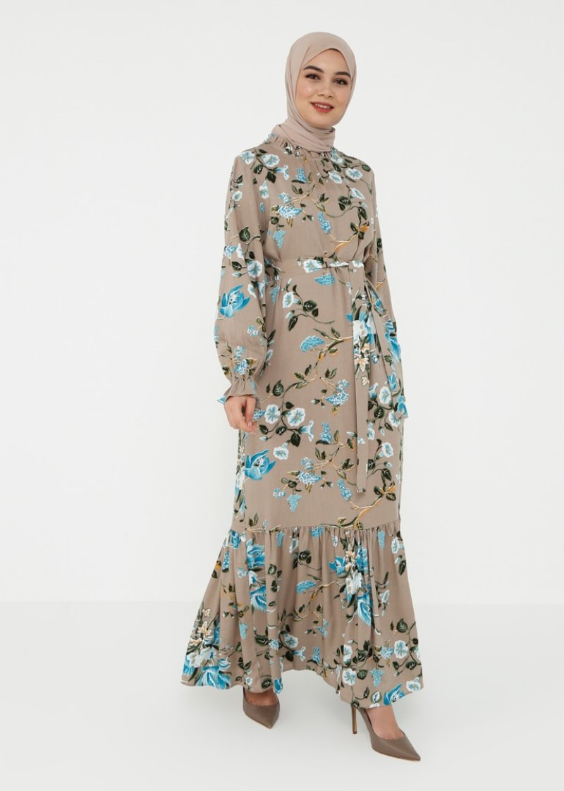 Tavin Vizon Doğal Kumaşlı Kuşak Detaylı Desenli Elbise