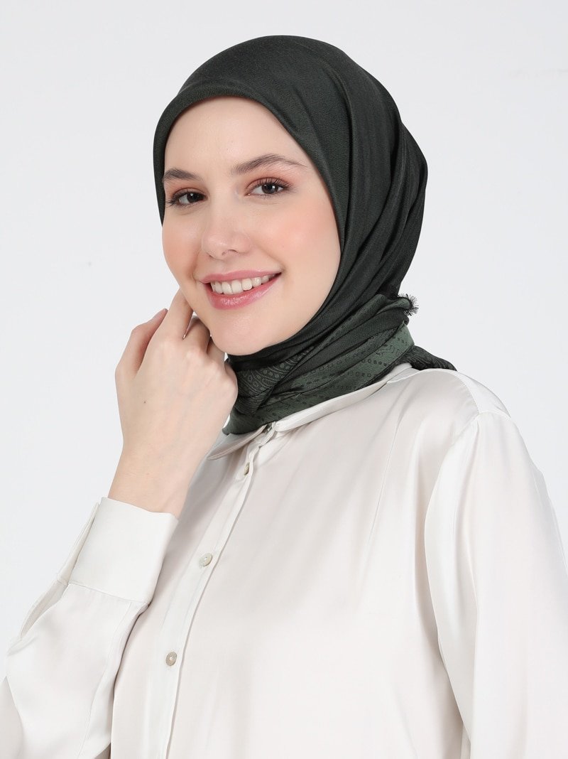 Zen İpek Haki Desenli İpeksi Pano Eşarp