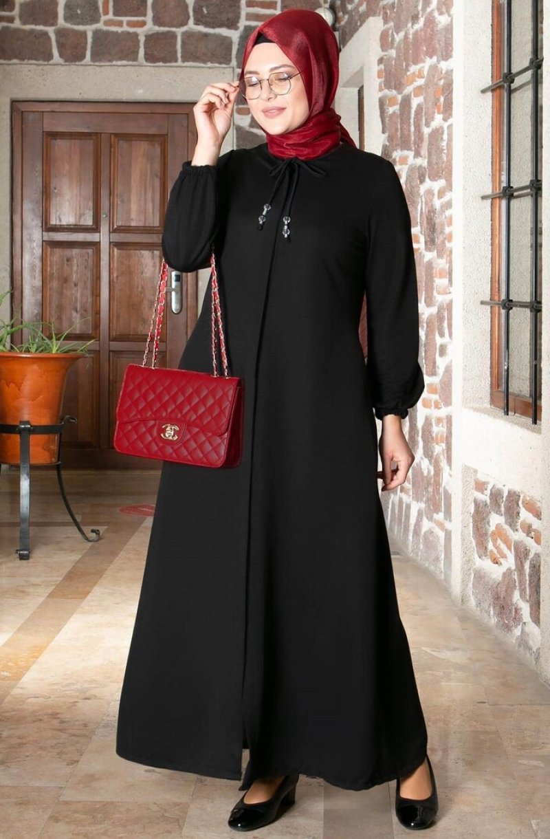 MFA Moda Siyah Büyük Beden Düğmeli Ferace