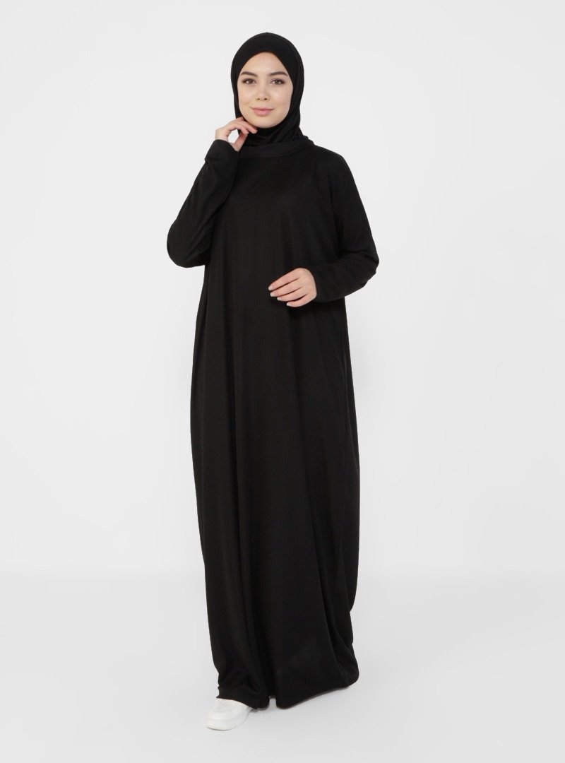 Tavin Siyah Düz Renk Kapüşonlu Namaz Elbisesi