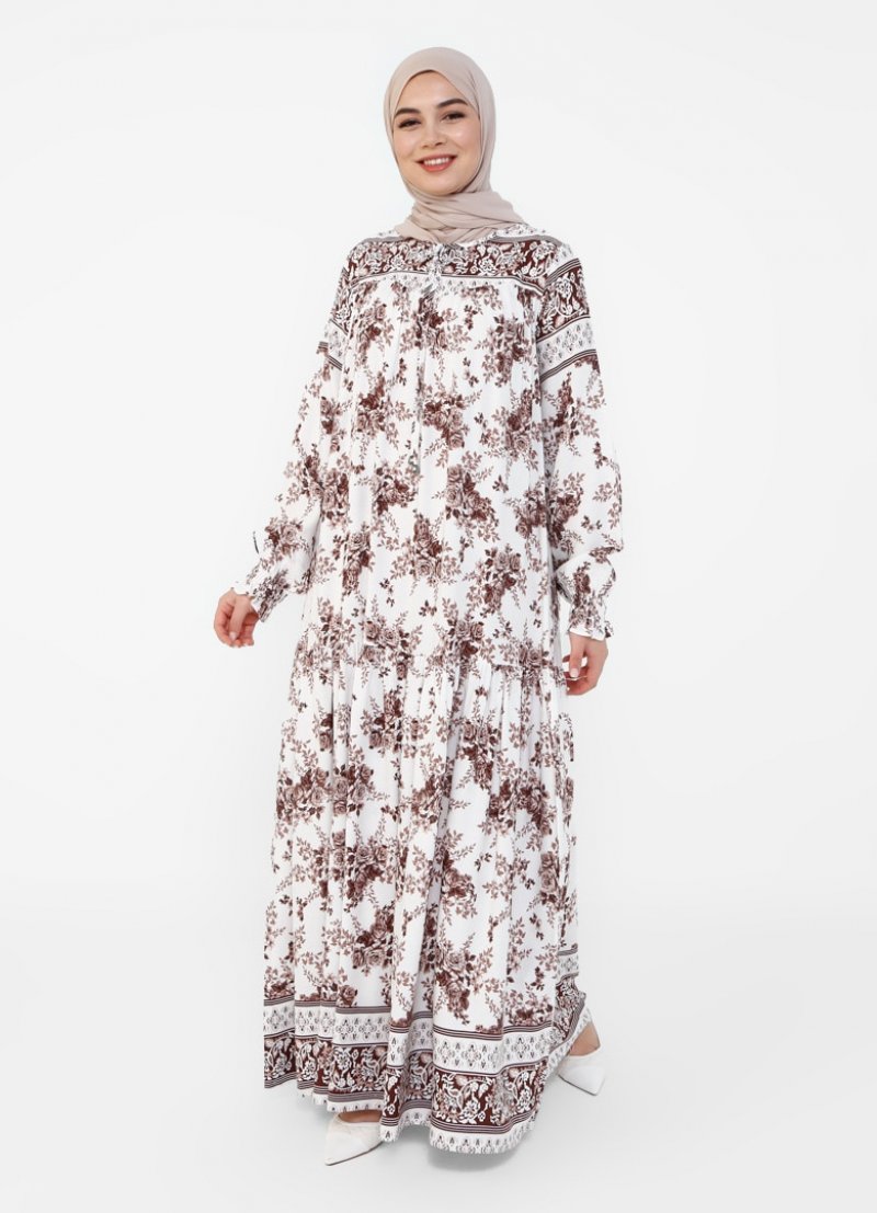 Tavin Kiremit Doğal Kumaşlı Çiçek Desenli Elbise
