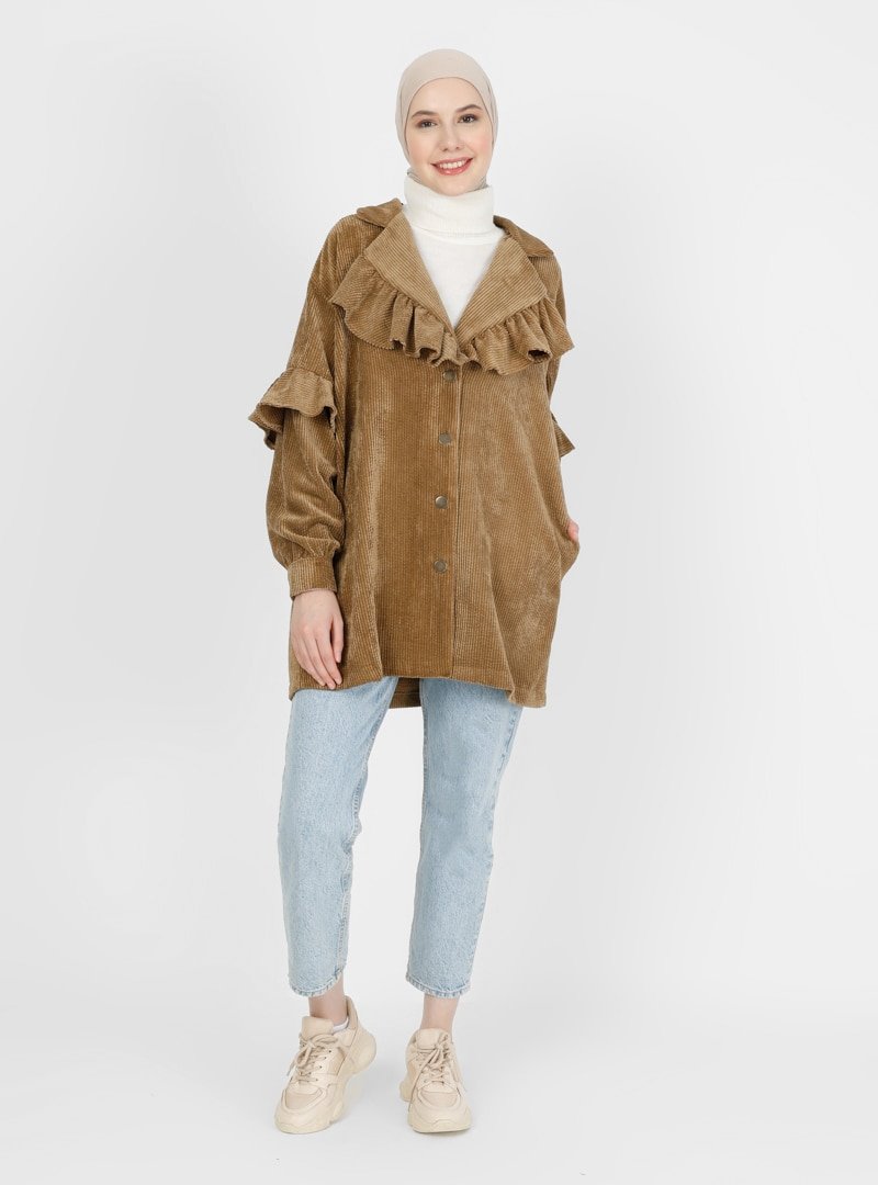 LOREEN Camel Kadife Düğme Detaylı Tunik