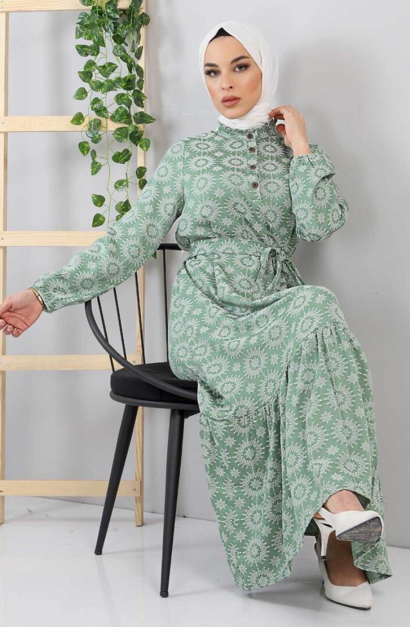 Tesettür Dünyası Mint Yeşili Beli Bağlamalı Desenli Elbise