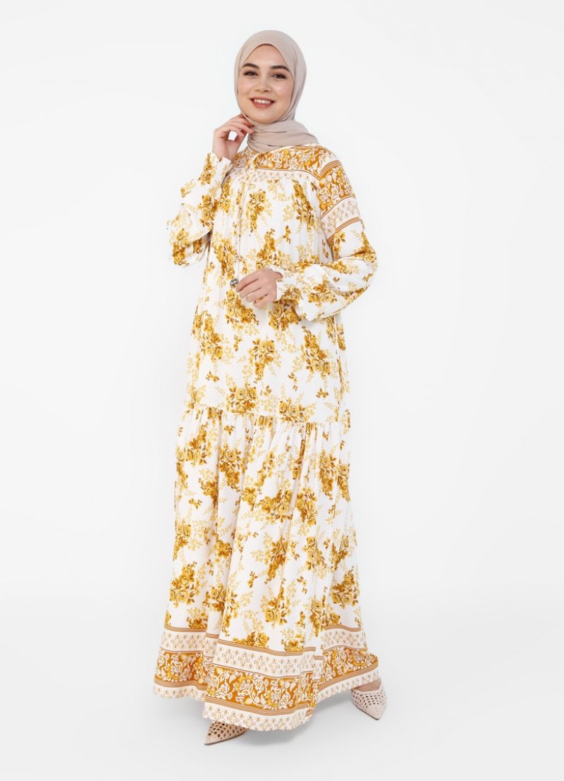 Tavin Safran Doğal Kumaşlı Çiçek Desenli Elbise