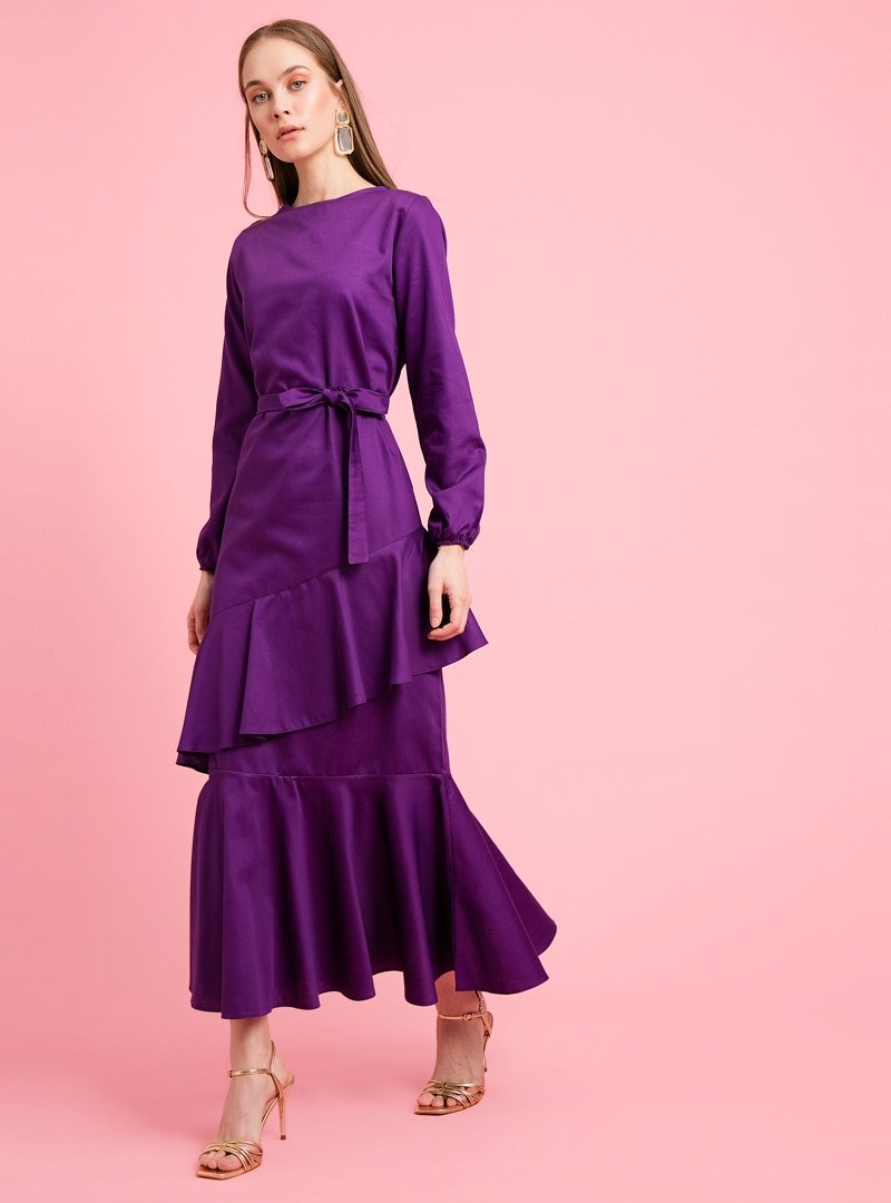 Ceylan Otantik Mor Çift Volanlı Elbise