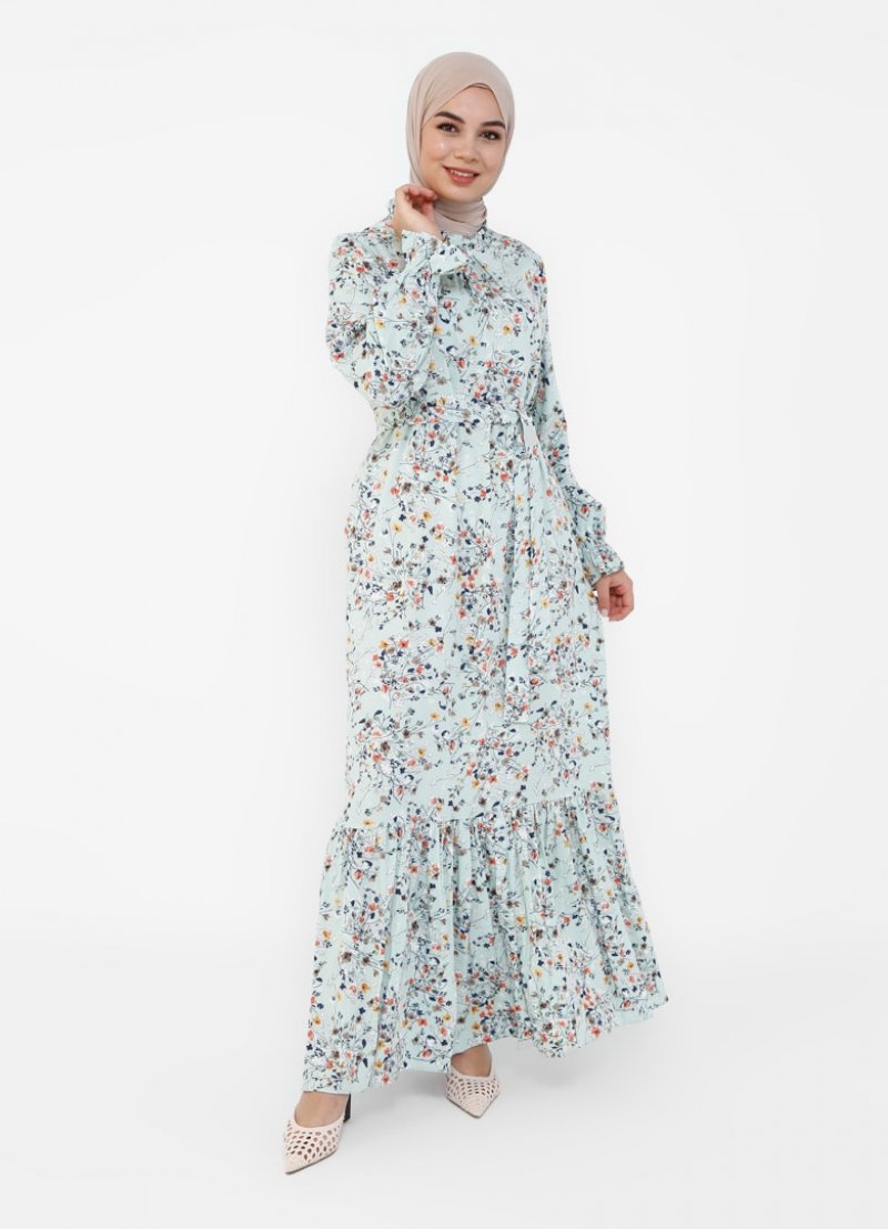 Tavin Mint Doğal Kumaşlı Çiçek Desenli Kuşaklı Elbise