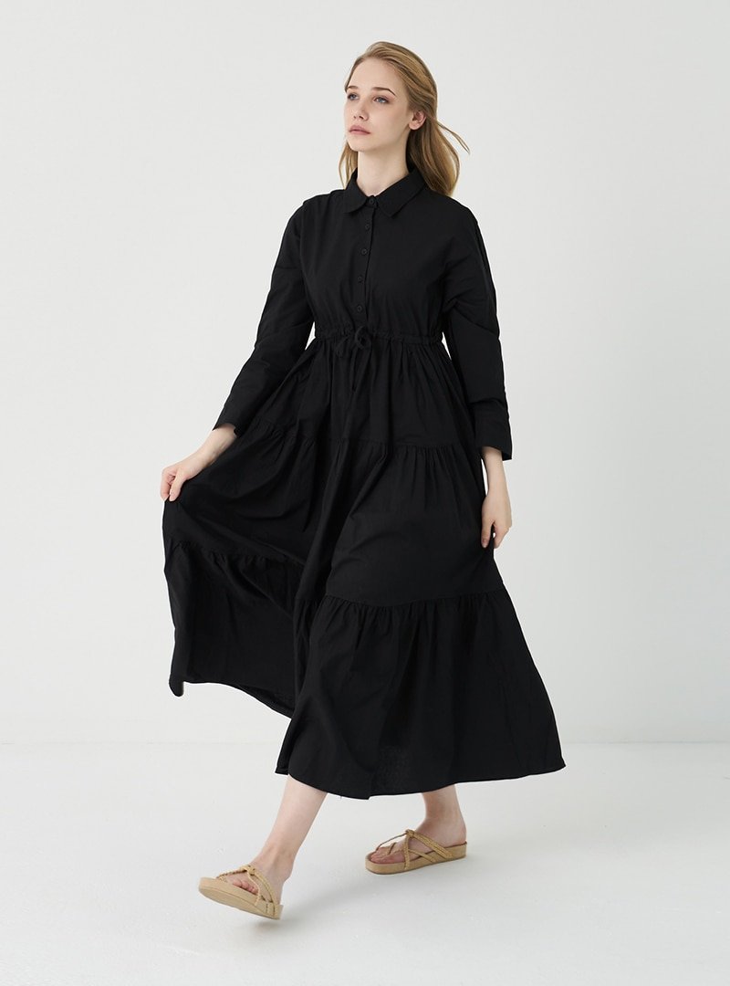 SoftandBasic Siyah Büzgülü Poplin Elbise