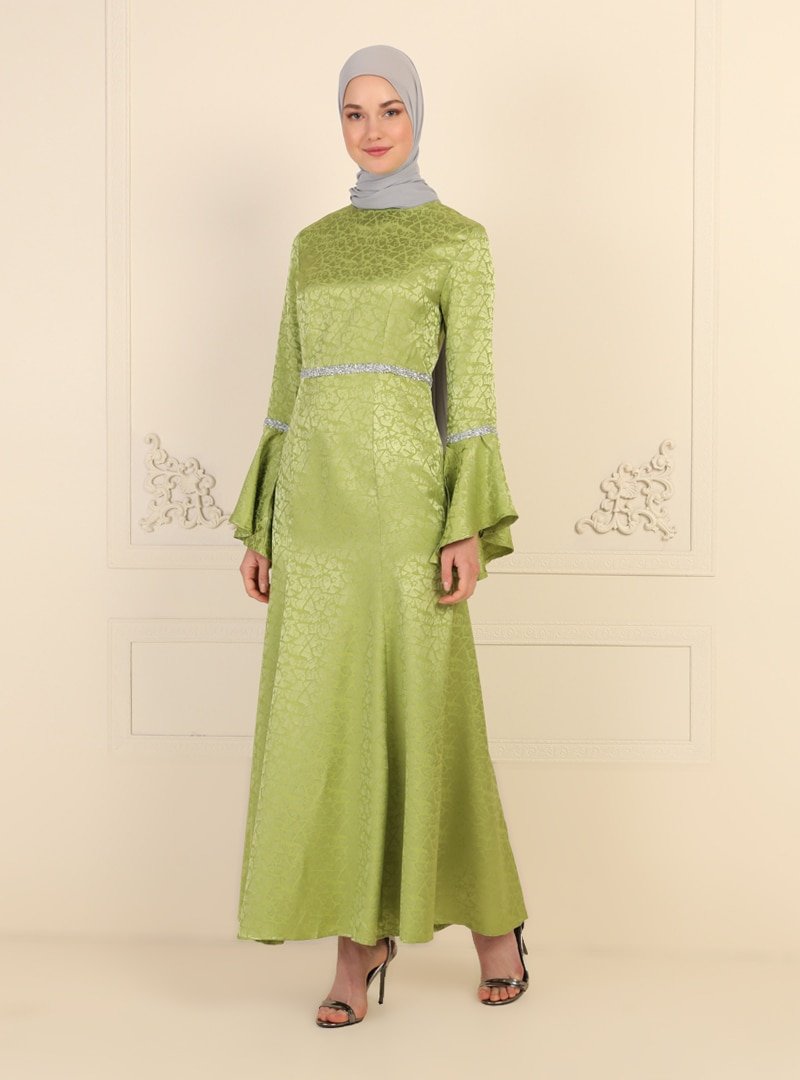 Ziwoman Fıstık Yeşili Şerit Detaylı Abiye Elbise