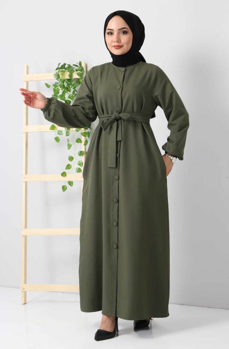 Tesettür Dünyası Haki Düğmeli Elbise