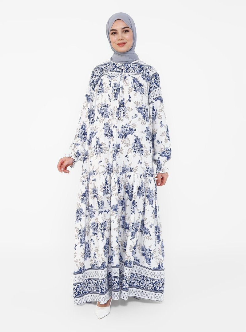 Tavin Mavi Doğal Kumaşlı Çiçek Desenli Elbise