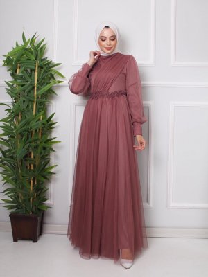 Moda Echer Abiye Elbise Tül Dantel Aksesuarlı Gülkurusu