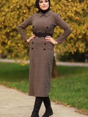 In Style Vizon Süs Düğmeli Kışlık Elbise