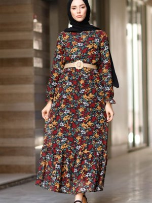 In Style Siyah Yaprak Desenli Şifon Elbise