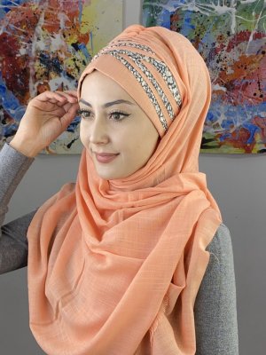 BUTİK AMBAR Somon Simli Beyaz Benekli Çapraz Drapeli Şal