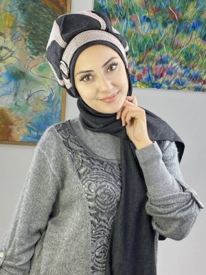 BUTİK AMBAR Bordo Krem Kareli Badem Model Tokalı Koyu Füme Atkılı Bere Şal