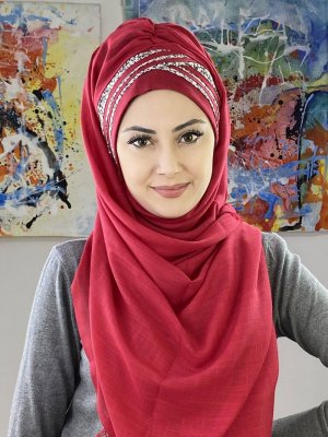 BUTİK AMBAR Yakut Simli Beyaz Benekli Çapraz Drapeli Şal