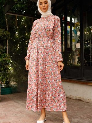 In Style Pudra Fırfır Detaylı Çiçek Desen Elbise