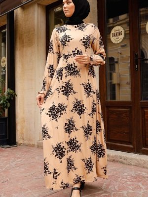In Style Vizon Kolu Büzgülü Çiçek Desen Elbise