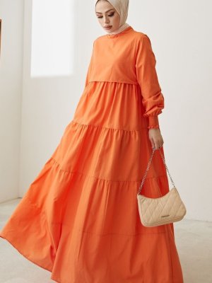 In Style Oranj Tek Kat Detay Salaş Elbise