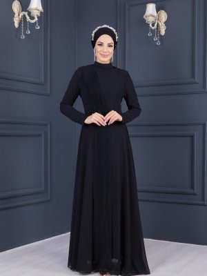Moda Echer Siyah Piliseli Kemeri Gül Detaylı Abiye Elbise