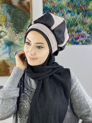 BUTİK AMBAR Füme Kareli Badem Model Tokalı Koyu Atkılı Bere Şal