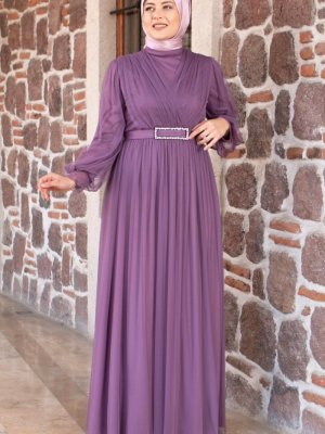 MFA Moda Lila Kemer Detaylı Tül Abiye Elbise