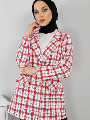 Tesettür Dünyası Kırmızı Düğmeli Blazer Ceket