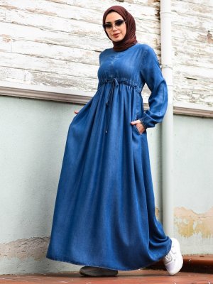 Neways Koyu Mavi Beli Bağcıklı Tensel Kot Elbise