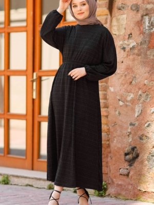 In Style Siyah Yarasa Kol Kaşkorse Elbise