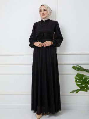Olcay Siyah Göğsü Beli Piliseli Dantel Ve İnci Detaylı Simli Abiye Elbise