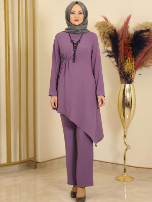Fashion Showcase Design Lila Büzgülü Asimetrik Tunik & Pantolon İkili Takım