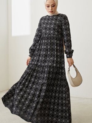 In Style Siyah Geometrik Elmina Salaş Elbise