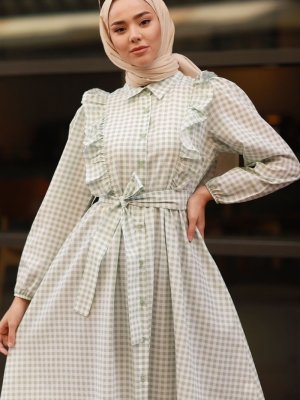 In Style Mint Pötikare Fırfırlı Düğmeli Elbise